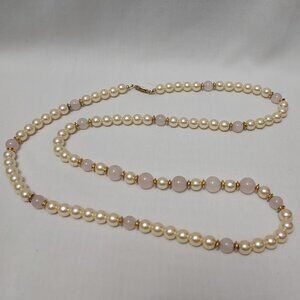 Vintage Off-White Faux Pearl Necklace w/ Gold-tone Spacers & Opaque Pink Pearls